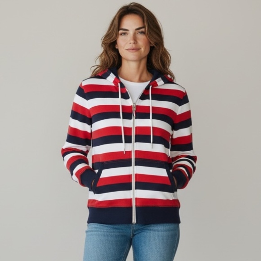 Tommy Hilfiger Red White Blue Stripe Zip Hoodie Classic Preppy Size Medium